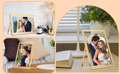 Gold 5x7 Double Floating Frame for Photo Sizes(3.5x5'',4x6''),Classy Metal Rounded Edge Frame Adjustable Tabletop/Shelf Photo Frame,for Wedding,Christmas,Birthady,Home or Office Decor. - size: 5x7'' (Double)