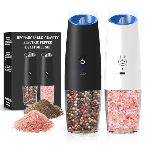 Rechargeable Gravity Salt Pepper Grinder Set, 2 Pack (Black+White) | Gravity Rechargeable Grinder With Led Light & Adjustable Coarseness, No Extra Batteries Needed For Kitchen Seasoning - color: Rechargeable/2pcs/Black+White