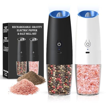 Rechargeable Gravity Salt Pepper Grinder Set, 2 Pack (Black+White) | Gravity Rechargeable Grinder With Led Light & Adjustable Coarseness, No Extra Batteries Needed For Kitchen Seasoning - color: Rechargeable/2pcs/Black+White