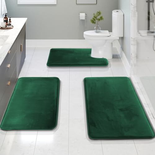 Clara Clark 3 Piece Bathroom Rugs Bath Mat Set, Velvet Memory Foam Bath Mats for Bathroom - Non-Slip, PVC Backing Bath Rugs, Washable - Dries Quickly, Green - color: Hunter Green