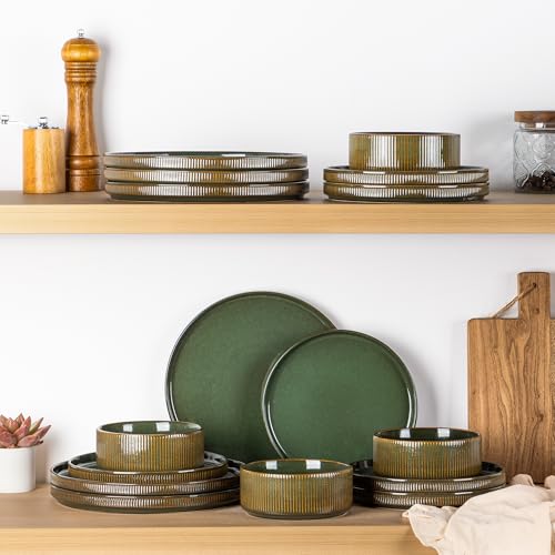 GBHOME Stoneware Dinnerware Sets for 4, 12 Pieces Plates and Bowls Set | Lightweight Ceramic Ribbed Dishes,Reactive Glaze Stackable Plate Set,Scratch Resistant,Microwave&Dishwasher Safe,Sage Green - color: Sage Green