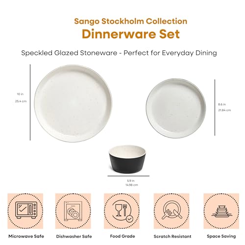 Sango 12-Piece Stoneware Dinnerware Set for 4, Modern White & Black Plates and Bowls Sets with Speckled Glaze, Durable Kitchen Ceramic Dish Set, Microwave & Dishwasher Safe Everyday Dishes, Stockholm - color: Black/White, size: 12-Piece Set