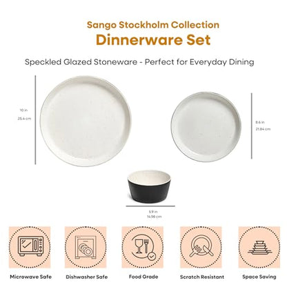 Sango 12-Piece Stoneware Dinnerware Set for 4, Modern White & Black Plates and Bowls Sets with Speckled Glaze, Durable Kitchen Ceramic Dish Set, Microwave & Dishwasher Safe Everyday Dishes, Stockholm - color: Black/White, size: 12-Piece Set