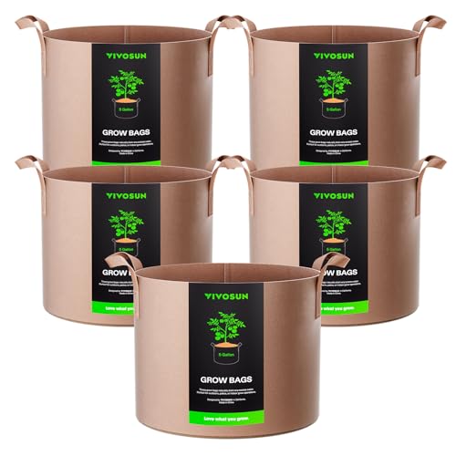 VIVOSUN 5-Pack 5 Gallon Plant Grow Bags Fabric Pots with Handles | 300G Thickened Nonwoven Fabric, Excellent Drainage, Healthy Root Growth, BPA-Free, Reusable - color: Tan, size: 5 Gallons