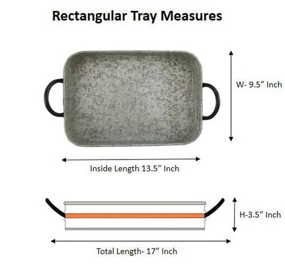 Galvanized Metal Serving Trays Iron Black Handles, Farmhouse Tray with Copper Strip, Decorative Centerpiece for Coffee Table or Dining Table, Rustic Utility Tray for All Purpose, Rectangular Trays - size: 17" x 9.5" x 2"
