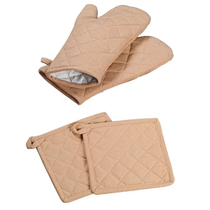 Oven Mitt (7"x13") & Pot Holder (8"x8") 100% Cotton Set of Heat Resistant Oven Gloves & Hot Pads for Gifts, BBQ, Cooking, Baking, Thanksgiving - Beige - color: Beige
