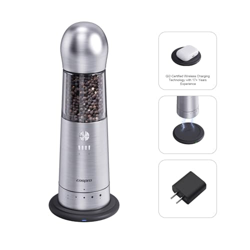 COSPRO Electric Grinder with Qi-Wireless Charging Base | Kitchen Gift | Rechargeable Automatic Spice Mill | Stainless Steel | One Hand Button Use | Adjustable Coarseness | Easy Clean - size: Set of 1