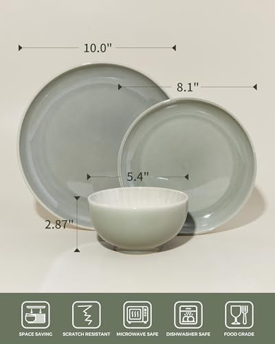 Stoneware Dinnerware Sets, Ceramic Plates and Bowls Set, Microwave & Dishwasher Safe Kitchen Dish Set, Modern Dinner Salad Plates | Cereal Bowls for 4, Dishware Sets Gray Green - color: Gray Green, size: Set (12pcs)