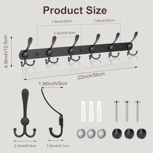 YUNISS Coat Rack Wall Mounted，6 Tri Stainless Steel Coat Hook for Coat Hat Robes Towel in Mudroom Entryway (Black, 2 Pack 6) - color: Black, size: 2 Pack 6