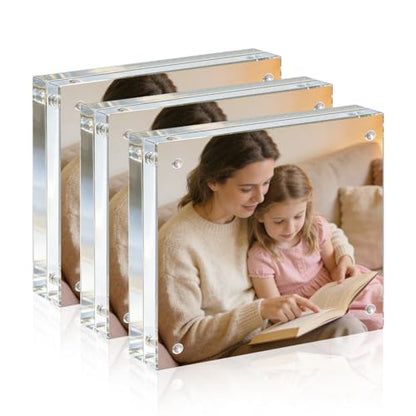 Acrylic Frame, 5x5 Picture Frame 3 Pack, 20MM Thicker Block, Double Sided Magnetic Clear Freestanding Photo Frame for Desk or Tabletop Display - size: 5x5" 3pack