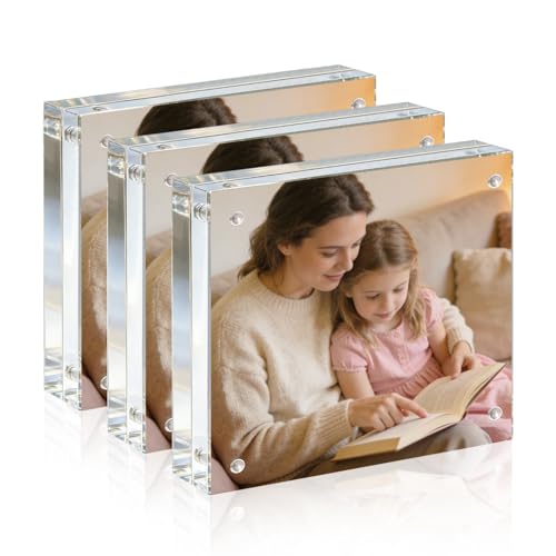 Acrylic Frame, 5x5 Picture Frame 3 Pack, 20MM Thicker Block, Double Sided Magnetic Clear Freestanding Photo Frame for Desk or Tabletop Display - size: 5x5" 3pack