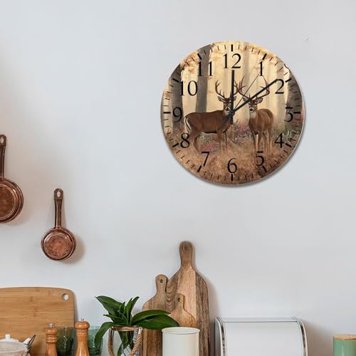 Deer Buck Wall Clock Jungle Deer 15 Inch Large Wall Clocks Battery Operated Silent Modern Boho Retirement Living Room Decor Gift for Man Woman Friend Anniversary