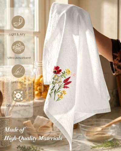 Embroidered Flour Sack Kitchen Towels, Gerbera Daisy | Exquisite Embroidery, Pure Cotton, Lightweight, Nostalgic Design, with Hanging Loop, Softer After Wash, Machine Washable - color: Gerbera Daisy