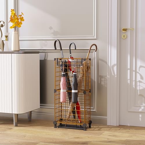 AWTATOS Umbrella Holder Entryway, Umbrella Stand Freestanding, Brown | Metal Square Umbrella Rack Organizer with a Removable Drip Tray, Hooks - color: Brown