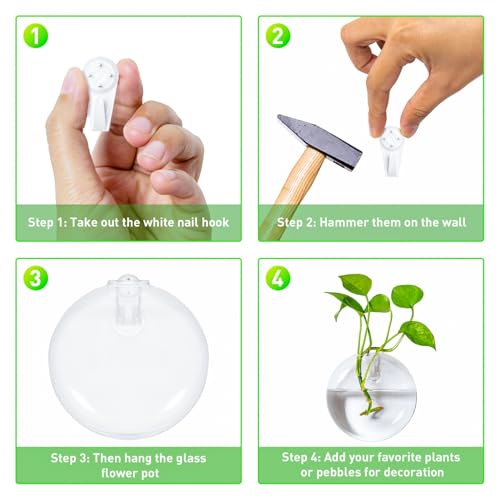 Vumdua 6 PCS Glass Wall Hanging Planters for Flowers, Hydroponics, Indoor Use, Medium, Transparent, Round, Classic Style