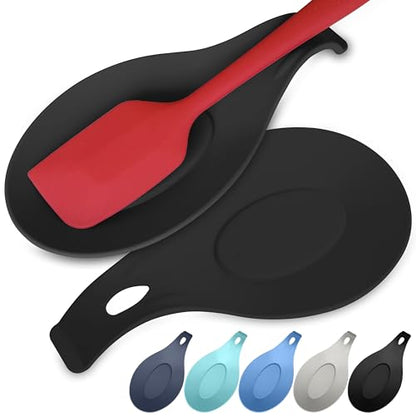 Black Silicone Spoon Rest for Stove Top, Set of 2, XL 9.2”, DISHWASHER SAFE | NON-STICK Surface for Quick Cleanup, Non-Slip, Safe for Glass & Induction Cooktops, Raised Edges Catch Drips, Heat Resistant - color: Black - 2 Pcs