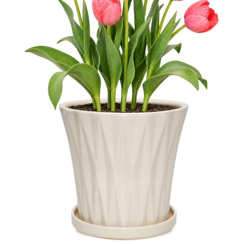 8.3 Inch Ceramic Planters with Drainage Hole and Saucer,Indoor Outdoor Large Flower Pots, Garden Pot for Plant Lovers (White) - color: White, size: 8.3 Inch