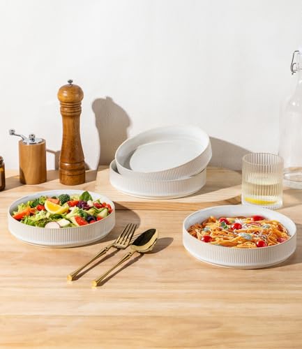 7.5" Ceramic Pasta Bowls Set of 4, Salad Bowls | Versatile Serving Bowls for Pasta, Salad, Fruit & Noodles, Housewarming & Wedding Gift, Reactive White - color: Reactive White, size: 7.5 Inch