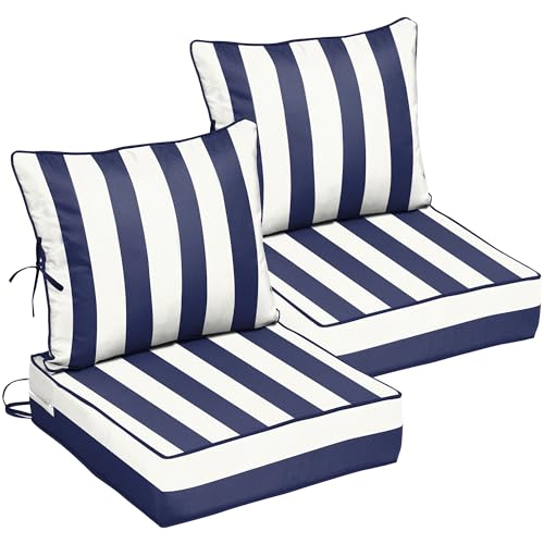 22x22 Outdoor Chair Cushions Set of 2, Waterproof Deep Seat Cushions for Patio Furniture with Removable Cover, Fade Resistant 4'' Outdoor Seat Cushion with Ties Handle for Sofa Couch, Blue Stripe - color: Blue Stripe, size: 22x22x4in-2Set