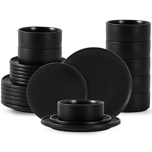 Dinnerware Sets, 24-Piece Plates and Bowls Set for 8, Matte Black | Modern Minimalist Stoneware, Dish Set for 8, Dinner Plate, Salad Plate, Cereal Bowl, Microwave and Dishwasher Safe - color: Black, size: Service for 8 (24PCS)