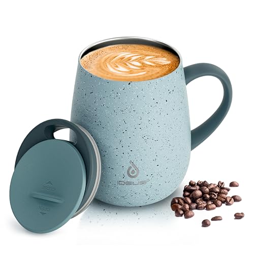 Ideus 16 oz Insulated Coffee Mug with Handle and Lid, Double Wall Stainless Steel Vacuum Thermal Coffee Mug, Travel Coffee Cup Thermal Cup for Home and Office (Eggshell Blue, FUJI DAWN) - color: Eggshell Blue