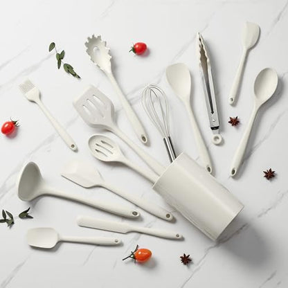 LIANYU 14 Pcs Silicone Cooking Utensils Set with Holder, Cream White | Kitchen Utensils Set for Non-Stick Cookware, 446°F Heat Resistant Cooking Tools with Comfort Grip Handle, Dishwasher safe - color: Cream White