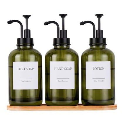 Glass Soap Dispenser with Pump, Dish and Hand Soap Dispenser for Kitchen Bathroom, Glass Dispenser Set with 18 Stickers Funnel Bamboo Tray 500ml 18oz Green - color: Olive Green 3
