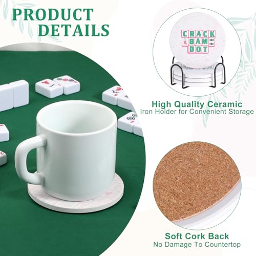 Drink Coasters Set of 4, Decorative and Absorbent Table Coaster with Holder | Funny Mahjong Pattern, 4 Inch Universal Fit, Round Ceramic Coaster, Non-Slip, Table Protection, Mahjong Accessories and Gifts - size: 4x4 in (Style 2)