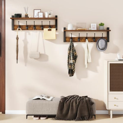 47.2" Coat Rack Wall Mount with Shelf and 10 Hooks, Rustic Brown UHWS004H-2 | 2 Pack Coat Hooks Wall Mount, Wood Wall Mounted Coat Rack with Hooks, Coat Hanger Wall Mount, Wall Hooks for Hanging - color: Rustic Brown