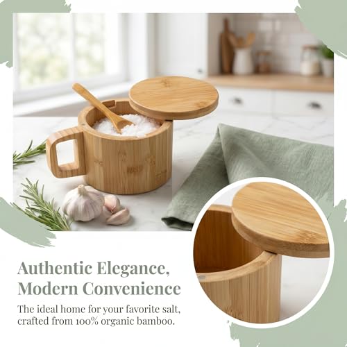 Bamboo Salt Cellar with Handle, 10oz Magnetic Swivel Lid & Spoon(2 Pack) | Food-Safe Bamboo Salt Cellar with Integrated Handle, 10oz Magnetic Swivel Lid & Spoon, for Kitchen Cooking & Grilling