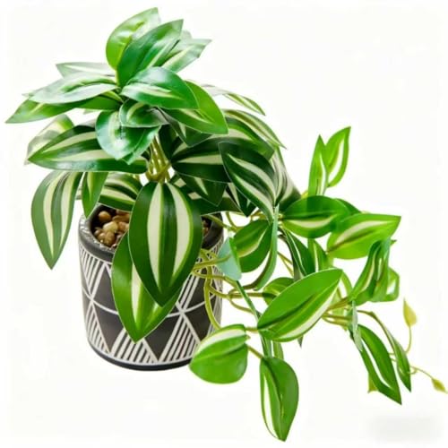 7" Artificial Variegated Pothos Vine in Geometric Ceramic Pot Lifelike Faux Trailing Plant for Indoor Home Office Desk Shelf Bathroom Decor - color: Green-white