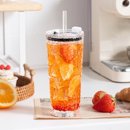 YUN TAO 16 oz Glass Cups with Lids and Straws, Set of 4 Clear Ribbed Glass Tumbler, Iced Coffee Cups with Lids Reusable