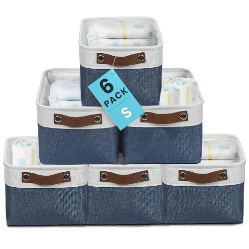 OrganiHaus 12x8in Canvas Storage Baskets, 6 Pack - Fabric Bins for Shelves | Vegan leather handles; a decorative pantry and office organizer, container for desk and books - color: Navy Blue / Off-White, size: Small - 6pc