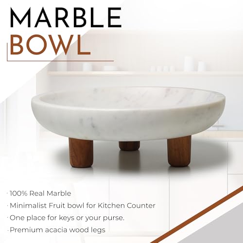 Marble Fruit bowl with three wood legs | 11.8 inch dia footed bowl for kitchen counter | Use as centerpiece for dining table, key bowl for entryway table, or potpurri/decorations (Large)