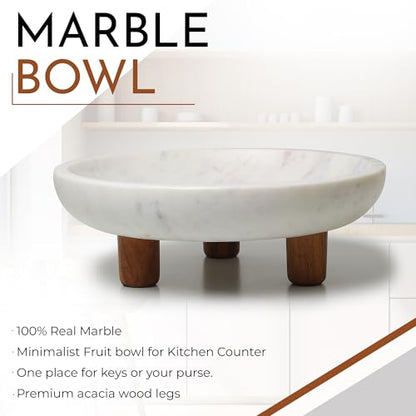 Marble Fruit bowl with three wood legs | 11.8 inch dia footed bowl for kitchen counter | Use as centerpiece for dining table, key bowl for entryway table, or potpurri/decorations (Large)