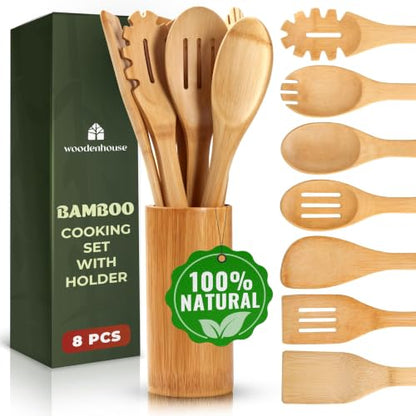 Bamboo Cooking Utensils Set 7 Pcs with Holder, Wooden Spoons for Nonstick | Easy to clean, sturdy, lightweight and heat resistant; eco-friendly and non-toxic; safe on delicate pans - size: 7 Pieces Extended