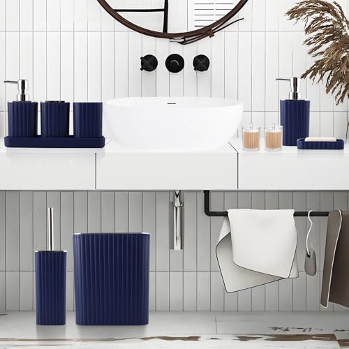 XLHOMO Navy Blue Bathroom Accessories Set - Gorgeous Bathroom Set, 10PC Bathroom Accessory Set, Toilet Brush, Trash Can, Qtip Holder & Soap Dispenser - size: Bath Set, style: Navy Blue&Silver