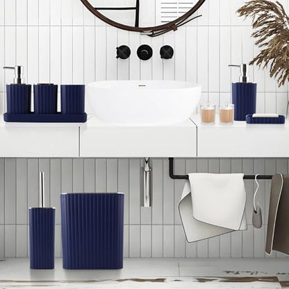 XLHOMO Navy Blue Bathroom Accessories Set - Gorgeous Bathroom Set, 10PC Bathroom Accessory Set, Toilet Brush, Trash Can, Qtip Holder & Soap Dispenser - size: Bath Set, style: Navy Blue&Silver