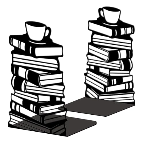 5.3"x4.3"x7.9" Metal Bookends, Heavy Duty Book Ends for Shelves | Book Stacks and Teacup Theme Cast Iron Book Supports, 1 Pair Decor Stoppers for Desk, Library, Office & Home Shelves - style: Book Stacks and Teacup