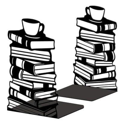 5.3"x4.3"x7.9" Metal Bookends, Heavy Duty Book Ends for Shelves | Book Stacks and Teacup Theme Cast Iron Book Supports, 1 Pair Decor Stoppers for Desk, Library, Office & Home Shelves - style: Book Stacks and Teacup