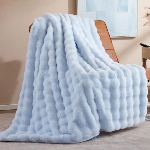 Faux Rabbit Fur Throw for Couch - Light Blue Bubble Blanket 50"x60" | Fluffy Plush Fuzzy Throw for Sofa & Bed, Super Soft Cozy Comfrt Blanket, Luxury Aesthetic Light Blue Decor Gift for Women - color: Light Blue, size: Throw(50" x 60")