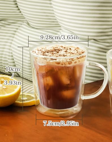 LIBWYS 12oz Double Wall Glass Coffee Mugs, Cappuccino Latte Tea Cups with Handle, Heat Resistant Borosilicate Insulated Clear Glasses (Set of 4) - size: 4x12oz coffee mugs