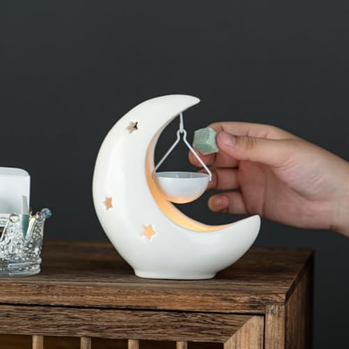 Moon & Star Ceramic Wax Melt Warmer, Hanging Tealight Oil Burner, Aromatherapy Candle Holder for Home Decor, Bedroom, Spa, Boho Gift for Women, Mom Black