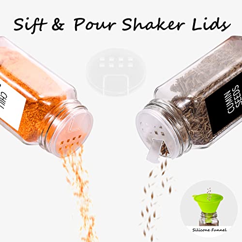 Churboro 25 Pack Glass Spice Jars with Labels, 4oz Spice Containers | Square Spice Bottles with Black Caps, Shaker Lids, 547 Labels, Funnel & Chalk Pen. Keep Seasoning Jars Neat and Organized
