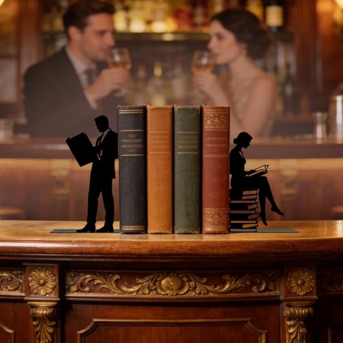 Metal Bookends Lovers Reading Book Ends for Shelves | Couple Bookends Decorative Unique Desk Bookend Black Book Stopper for Home Reading Bookshelf Decor Book Lovers Gift - style: Lovers Reading