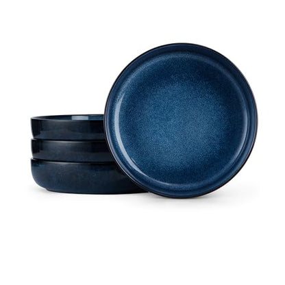 E-far Blue Pasta Bowls Set of 4, 35oz Double Reactive Glaze Stoneware | Wide & Shallow Ceramic Pasta Plates for Serving Salad Soup Dinner, Dishwasher & Microwave Safe - color: Deep Sea Blue