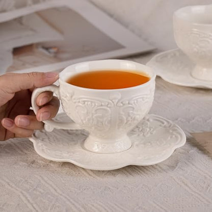 KAMMAK Tea Cups and Saucers Set of 2, 7.8 oz Porcelain Coffee Cups, 565N | Stackable Espresso Mugs, Ceramic Demitasse for Coffee, Cappuccino, Latte, Americano, Tea - size: 7KPSP565N