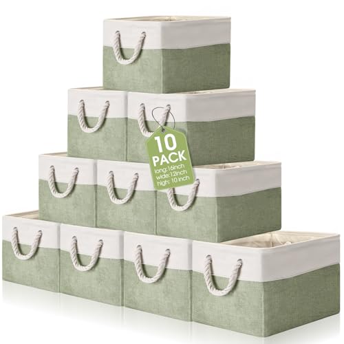 FoldTier 10 Pack Large Collapsible Fabric Storage Baskets with Handles Decorative Storage Bins for Organizing Shelves Toys Clothes(Beige & Green,16 x 12 x 10 Inches) - color: Beige & Green, size: 16 x 12 x 10 inches