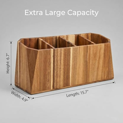 Extra Large Kitchen Utensil Holder for Countertop – Acacia Wood Utensil Holder with 4 Compartments, Beveled Edges, Non-Slip Pads & Drain Hole – Rustic Farmhouse Kitchen Countertop Storage Caddy - size: 4 Compartment