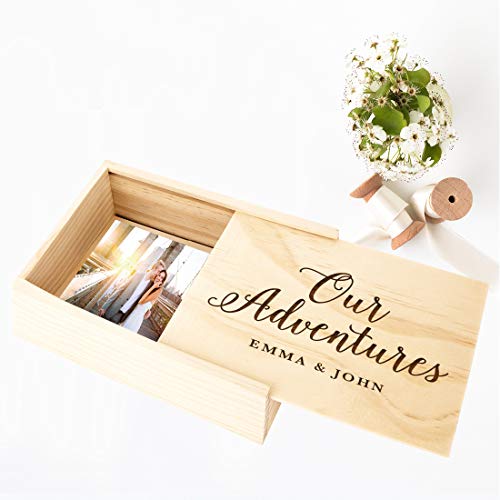 Koyal Wholesale Custom Engraved Cursive Our Adventures Wedding Keepsake Box, 4 x 6 -inch, Custom Names, Natural Wood Keepsake Box with Lid, Gift for Him & Her Photo Album Memory Gift Box - color: Cursive Our Adventures